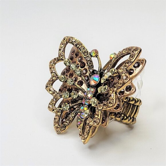 VINTAGE Gold Rhinestone Butterfly Stretch Ring - Picture 12 of 14